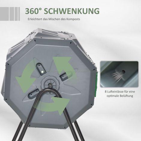 Composteur rotatif 2 bacs, 160 litres, dimensions 71x65x96 cm, teinte gris-vert-noir