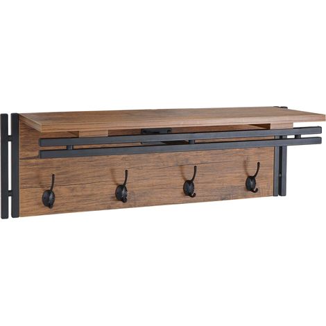 [NUNCA USADO] Perchero de pared HHG-618, estante perchero, 4 ganchos 24x75x24cm Estructura 3D, Aspecto roble salvaje