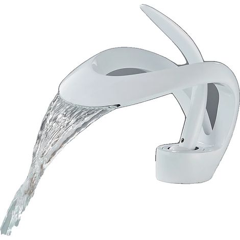 Grifo de lavabo, caño tipo cascada, monomando, blanco. (1/2)