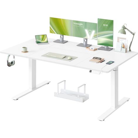 Bureau Électrique Réglable en Hauteur, 160 x 80 cm, avec Port USB-C, Support pour Multiprise, Rappel de Sédentarité, Fonction Mémoire 3 Hauteurs, Télétravail, Blanc Mat (1/5)
