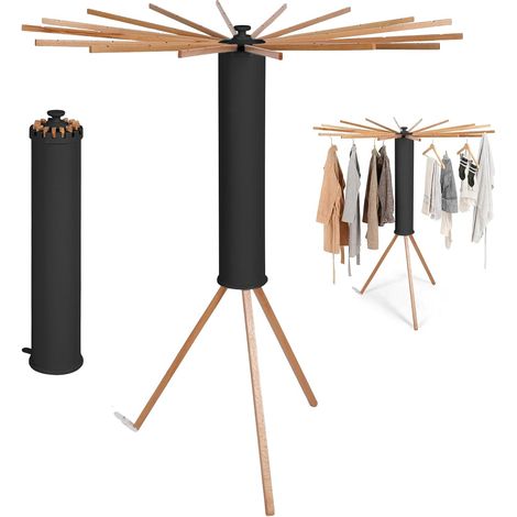 Space Saving Folding Clothes Airer with 16 Wooden Arms and 48 Hanging Slots, Modern Octopus Drying Rack, Portable Tripod for Balcony, Indoor, Laundry Room (Black) (1/5)