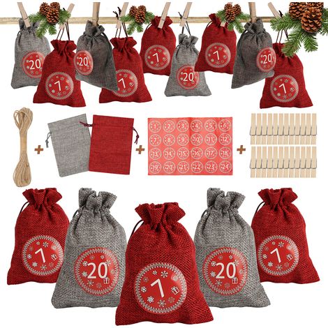 Randaco 24 Adventskalender zum Befüllen, Stoffbeutel Geschenksäckchen Weihnachten für Weihnachtskalender, Adventskalender Säckchen mit 1-24 Adventszahlen Geschenkanhänger Kraftpapier,Rot/Grau (1/5)