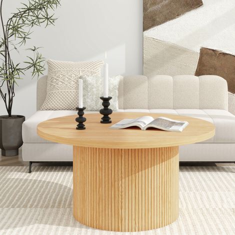 Mesa de centro redonda, 90x90x45 cm, acabado veteado, base con rayas verticales, madera maciza y MDF, natural (1/5)