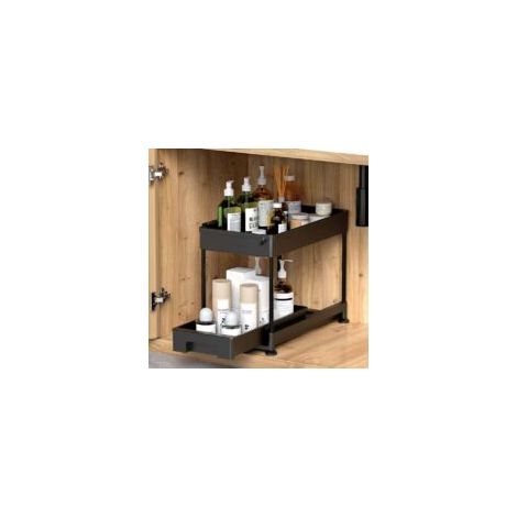 Organizador de cocina de 2 niveles para debajo del fregadero con cajón deslizante, estante de almacenamiento multifuncional con ganchos para cocina, baño y lavadero, negro - Crezuo (1/4)