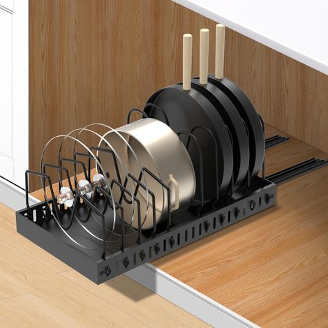 Porta coperchi estensibile con 10 scomparti regolabili, organizer in metallo per utensili da cucina, pentole, padelle e coperchi (nero) (1/5)