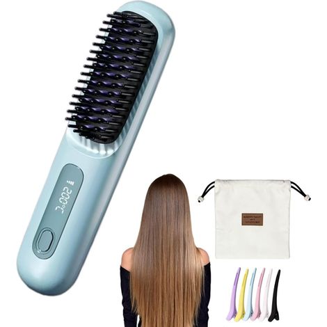 Cocoony Brush for Short Hair, Portable Rechargeable Straightening Brush, Durable Design, with LCD Display, 3-Stage Temperature Adjustment, for Daily Styling & Travel (Blue)