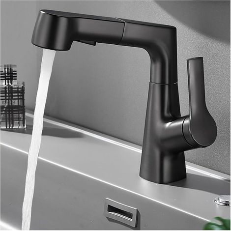 Küchenarmatur mit Ausziehbrause, 360° drehbarem Schlauch für Warm- und Kaltwasser, 2 Strahlarten mit 60 cm Schlauch (schwarz) (1/4)