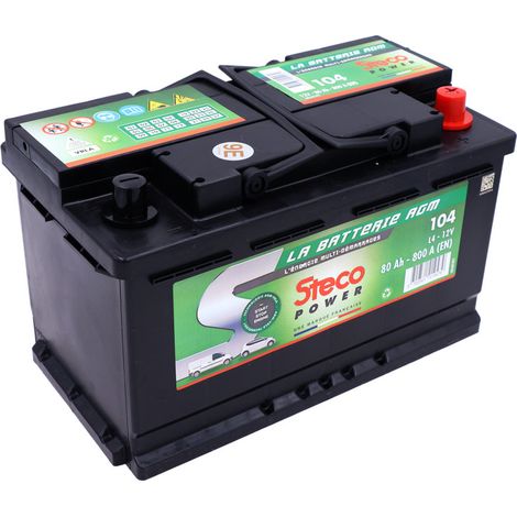 Stecopower – Batterie Stop and Start 12V 80Ah 800A – AGM pour véhicules avec fonction Stop/Start – Dimensions 315x175x190mm – Rebord B13 (1/2)