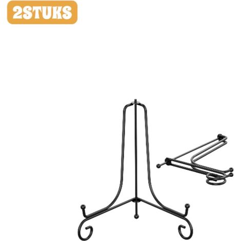 2 pièces - Présentoir à assiettes - Fer forgé - Étagère - Présentoir triangulaire pliable - Support - Support décoratif multifonctionnel en métal - 20 cm - Noir (1/4)