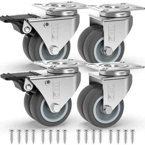 4 Lenkrollen für Möbel, 2 mit Bremsen + Schrauben – 50 mm, bis 400 kg – abriebfeste Rollen für schwere Lasten – Gummiräder für Transportwagen – Silber (1/3)