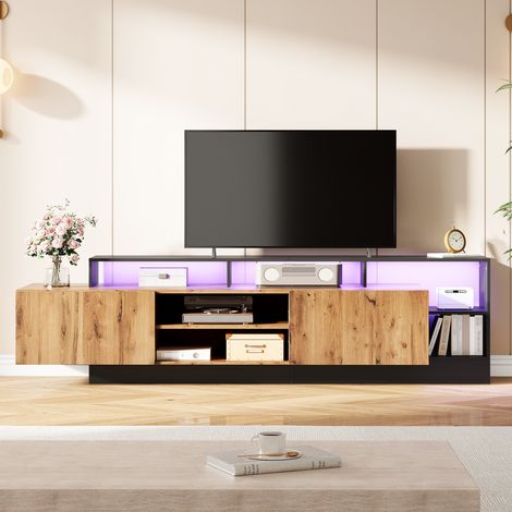 TV-Lowboard 190x40x48.5 cm Eiche-Schwarz aus Spanplatte mit LED-Beleuchtung und Klapptüren (1/5)