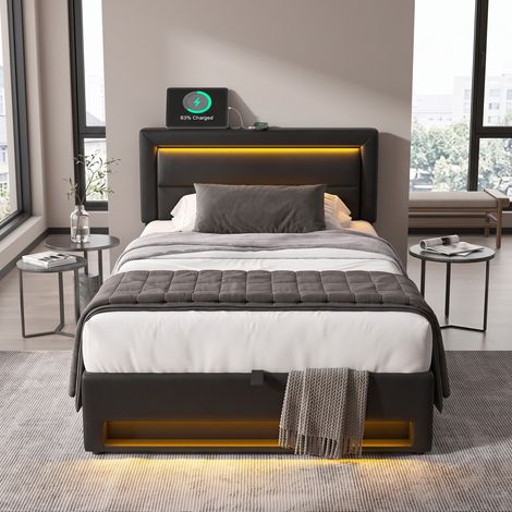 MEUBLIV Lit 90x190 cm noir – tête de lit, USB, LED et rangement, sans matelas (1/5)