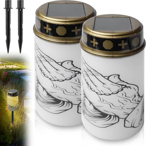 Lot de 2 Lanternes funéraires solaires LED étanches avec piquet, lumière blanche chaude pour cimetière et jardin (1/5)