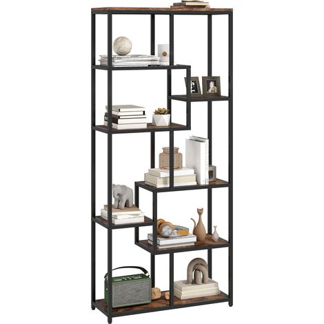 Seven-Tier Geometric Bookshelf in Brown and Black-Modern Storage Solution for Home or Office (1/5)