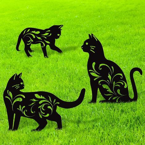 Lot de 3 Statues de Jardin en métal avec Silhouette de Chat Noir, piquets décoratifs de Jardin, Statues d'animaux pour décoration de Cour et de pelouse (1/5)