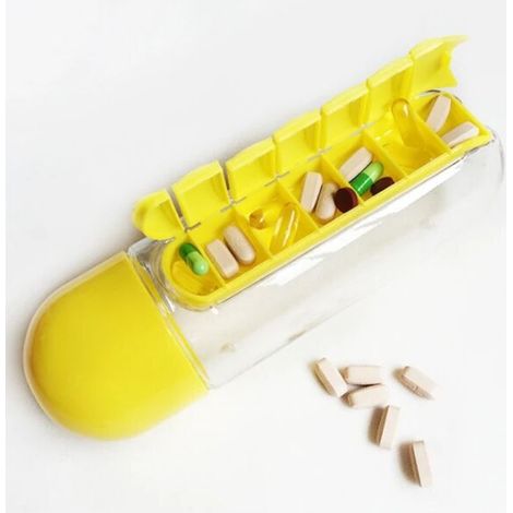 EASYCOMFORT Bouteille d'eau de sport avec insert Organisateur de boîte quotidienne de 7 jours Verre à boire de qualité alimentaire de qualité médicale Jaune (1/4)
