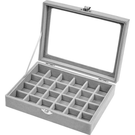 Boite a Bijoux en Velours Gris avec 24 Compartiments et Couvercle en Verre, Boite de Rangement a Bijoux pour Bagues Boucles d’Oreilles Bracelets Montres Colliers (1/5)