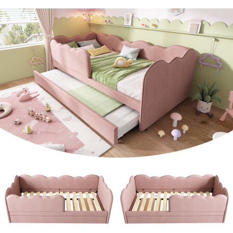 Divano letto imbottito 90x190 cm, divano letto con letto estraibile 90x190 cm, letto per bambini con rete a doghe, velluto, rosa, senza materasso (1/5)