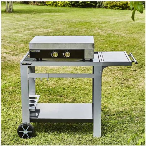 Cook'In Garden – Desserte extérieure chariot à plancha – Acier epoxy – Dimensions L 122 × l 65 × H 80cm – Tablette rabattable et porte-bouteilles intégrés