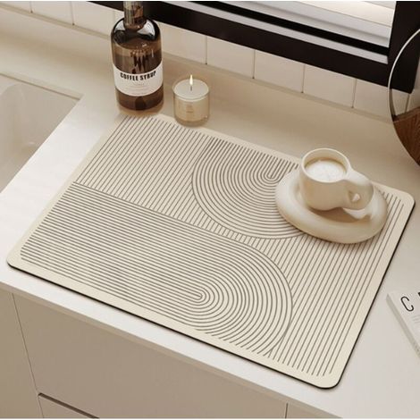 Tapis égouttage diatomite 40x30 cm, absorbant rapide, pieds silicone, papier abrasif inclus, cuisine hygiénique séchage efficace