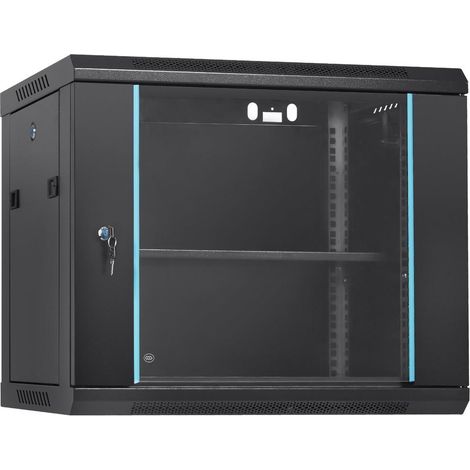 Format 9U profondeur 37,6 cm : Armoire réseau murale pour bureau et local technique, cadre robuste noir verrouillable (1/5)