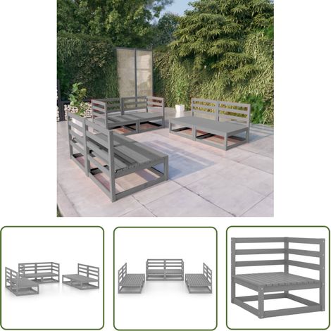 The Living Store 6-tlg. Garten-Lounge-Set Grau Massivholz Kiefer - Gartenmöbel - Loungesessel - Gartenloungeset - Rattan Möbel - Holz Gartenmöbel (1/5)