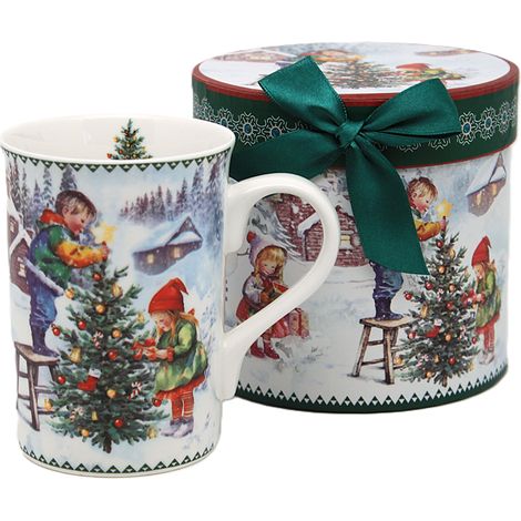 Taza de porcelana navideña de 320 ml con caja de regalo decorativa y diseño de árbol de Navidad. (1/5)