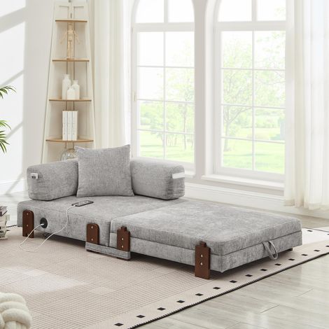 Canapé-lit 2 en 1 avec fonction couchage, ports USB et Type-C, et rangement. Canapé-lit compact avec accoudoirs, idéal pour les petits espaces, les chambres d'amis et les lofts - Gris clair (1/5)