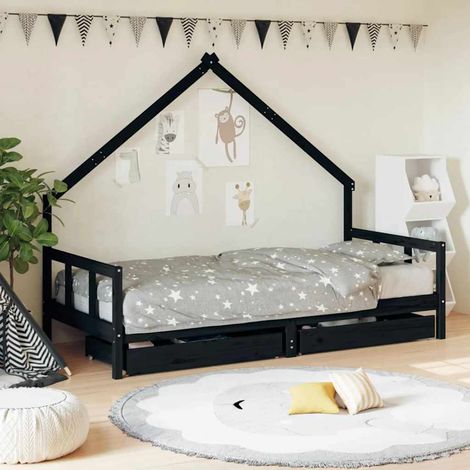 Lit cabane enfant avec tiroirs en pin massif noir 90 x 200 cm - PANGIVO (1/5)