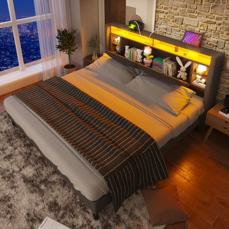 Doppelbett 160x200 cm Grau aus Massivholz, Leinen und Metall mit Stauraum, USB-Ladestation und LED-Beleuchtung (1/5)