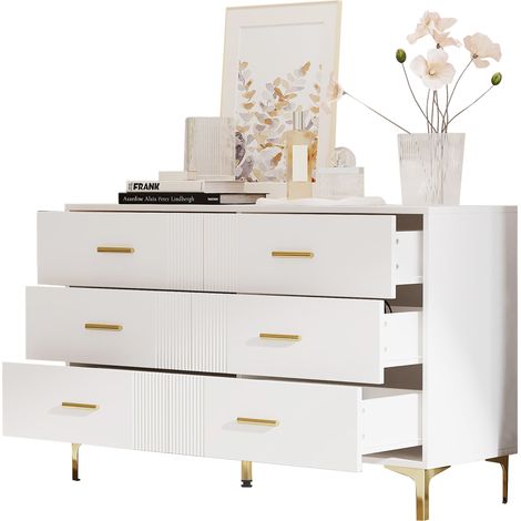 CAIziCommode à 6 tiroirs – commode blanche avec portes et tiroirs pour salon et chambre, dimensions: H76/B120/T40 cm