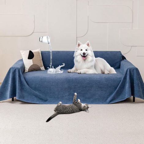 1 Couvre Canapé Anti Griffe Chat Imperméable Antidérapante Protection Meubles Salon 340x180cm Bleu Marine (1/5)