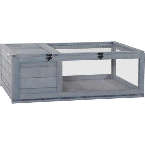 Habitat pour tortues en bois massif gris, enclos 2 espaces 91x60,5x32 cm, cage extérieur petit animal (1/5)