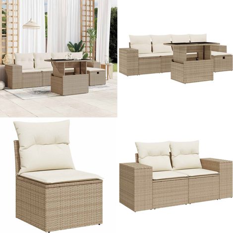 Salon de jardin avec coussins 6 pcs beige résine tressée - Ensemble Salon De Jardin - Mobilier De Jardin - Table Extensible - Chaise Lounge - Set De Jardin - Home & Living (1/5)