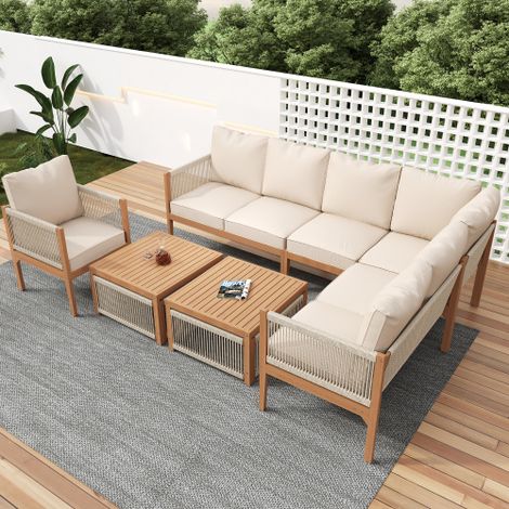Sitzgruppe Gartengarnitur, Gartenlounge Set für 7-8 Personen.Gartenmöbel Set mit Sofa, Tisch& Kissen,abnehmbarer und waschbarer Stoffbezug, Natural & Beige