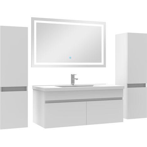 Acezanble meuble Salle de Bain 100cm vasque + colonne + miroir lumineux Blanc
