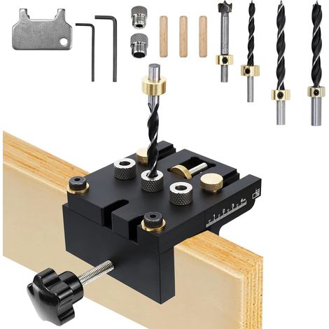 Gabarit de Perçage 3 en 1 Auto-Centrant, Guide de Perçage 6/8/10/15 mm en Aluminium CNC, Kit de Localisation pour Tourillons et Assemblage de Meubles, Outil de Menuiserie de Précision