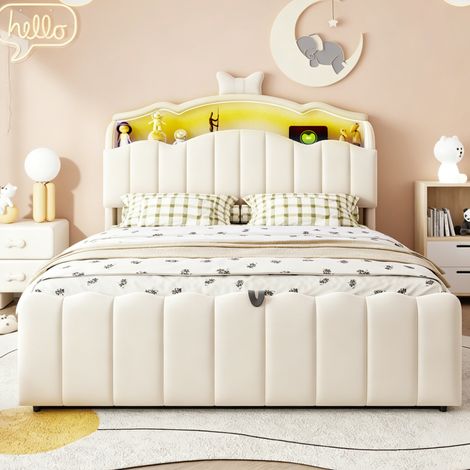 Lit capitonné enfant 140x200cm, sommier coffre hydraulique, velours beige, tête lit LED multicolore, ports USB/USB-C, chevet rabattable avec rangement (1/5)