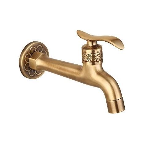 Robinet mural à finition laiton ancien, manette style vintage, robinet à eau froide simple, compatible lave-linge, buanderie, salle de bains et raccord de tuyau de jardin extérieur-Long (1/5)