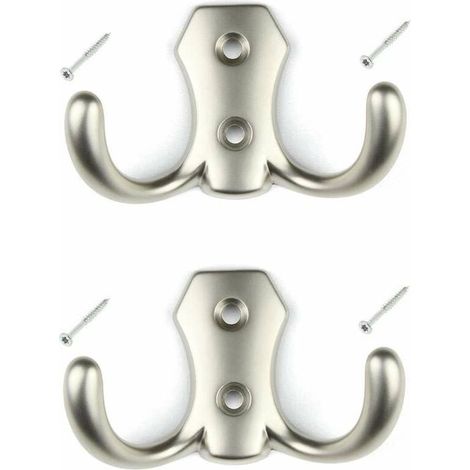2x Crochet métal argent nickel mat avec vis mural Cuisine Salle de bain Porte manteau Serviette Sac Couvert Vêtement Dressing Meuble Placard Patère