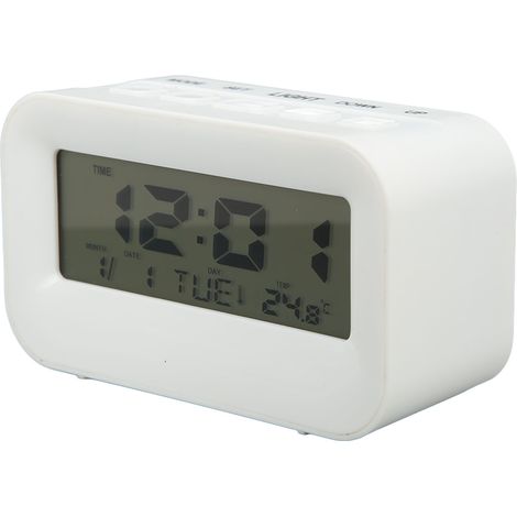 Réveil numérique enfant blanc avec rétroéclairage, rappel d'anniversaire, alarmes musicales et fonction snooze pour chambre et école. (1/5)