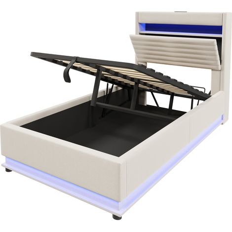 Polsterbett mit Bettkasten 90x200 cm, beige, mit USB-C, LED und hydraulischem Stauraum (1/5)