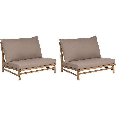 Lot 2 Chaises en Bois de Bambou avec Coussins d'Assise et Dossier pour Intérieur et Extérieur Bois Clair et Taupe Todi
