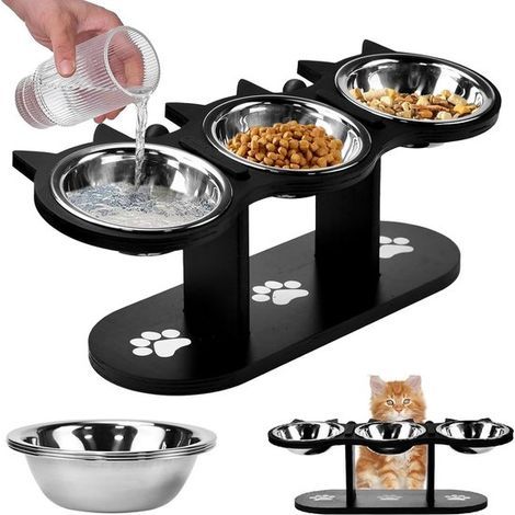 Wooden tall food bowls for cats and small dogs - 3 stainless steel bowls (1/5)