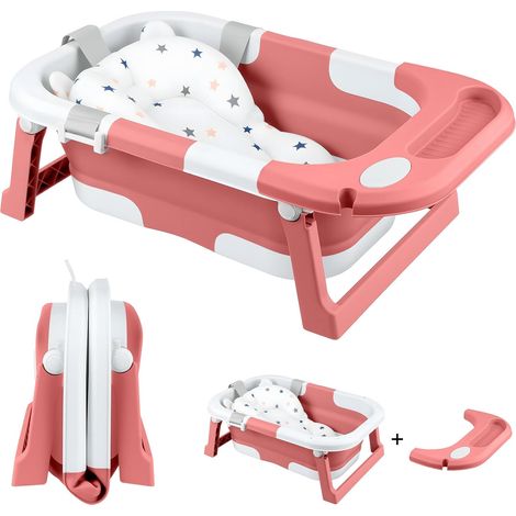JF HOME BLISS Foldable Baby Bathtub Portable Collapsible Infant Tub with Seat Support & Heat-Sensitive Drain Newborn to Toddler (0-36 Months) Safe, Non-Slip & Space-Saving (Pink) (1/5)