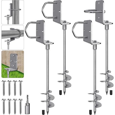 Piquet de Tente, Sardines de Fixation Lourd Ancrage de Terre Métallique, 61cm Lame Spirale Vissée dans Trampolines Kit pour Balançoire/Camping/Chien/Abri de Coiture avec Plaque Fixe Boucle,4pcs (1/5)