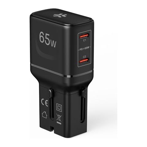 Adaptador de Viaje Universal 65W con Doble USB‑C, Compatible en más de 150 países