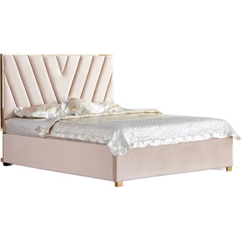 Lit Adulte Vera 140x190 cm Velours Beige Sommier Inclus Pieds Acier Gold (1/5)