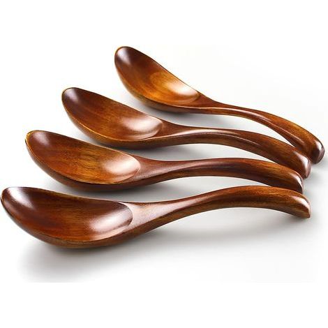Ensemble de 4 cuillères à soupe rondes en bois de Nanmu, faites à la main, de style japonais, avec manche court, pour enfants, riz et desserts. (1/5)