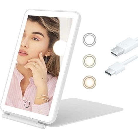 Miroir de maquillage portable rechargeable par USB avec intensité lumineuse réglable et 3 couleurs d'éclairage (blanc) (1/2)